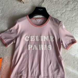 Celine Pink Ringer Logo Tee with White Print